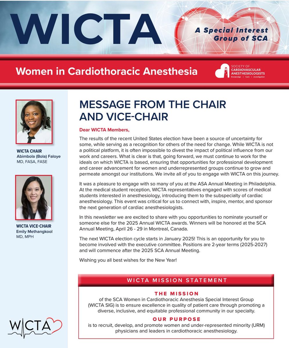 WomenInCTAnes (@womeninctanes) on Twitter photo WICTA- check out our latest newsletter to see what's happening In our community, find links to articles, webcasts past and future, or find ways to get involved! HAve questions? Email us at WICTA<a href="/scahq/">Society of Cardiovascular Anesthesiologists | SCA</a>.org!
mcusercontent.com/a8631a3042d8dd…
#scahq @scahq WICTA- check out our latest newsletter to see what's happening In our community, find links to articles, webcasts past and future, or find ways to get involved! HAve questions? Email us at WICTA<a href="/scahq/">Society of Cardiovascular Anesthesiologists | SCA</a>.org!
mcusercontent.com/a8631a3042d8dd…
#scahq @scahq