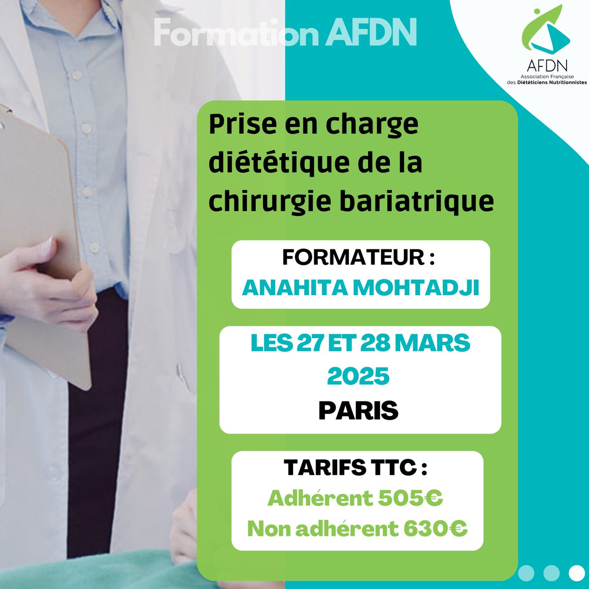 📣 Formation : Prise en charge diététique de la chirurgie bariatrique

📆Les 27 et 28 mars 2025 📍à Paris

💻📲Programme et inscription : afdn.org/civicrm-event/… 

#AFDN #Diététiciens #Formation #Qualiopi #Chirurgie #Bariatrique
