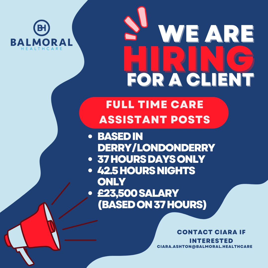 We are recruiting for FULL TIME CARE ASSISTANTS for a Nursing Home based in Derry/Londonderry!👨‍⚕️👩‍⚕️
-Days Only 37 Hours
-Nights Only 42.5 Hours
The salary for all Care Assistant positions is £23,500 per annum based on 37 Hour Post.
(£12.85 per hour) 💙
Email Ciara to apply.