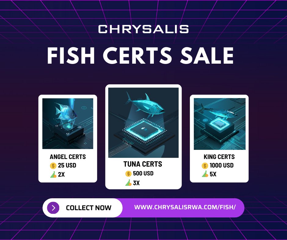 🎣🐟 FISH CERT SALE 🐟🎣

🌟 Exclusive deals on the Chrysalis:
💎 Angel Certs - $25 (2x multiplier)
💎 Tuna Certs - $500 (3x multiplier)
💎 King Certs - $1000 (5x multiplier)

Don’t miss your chance to level up your game! 🐠 Dive in now and claim your certs before they’re gone.