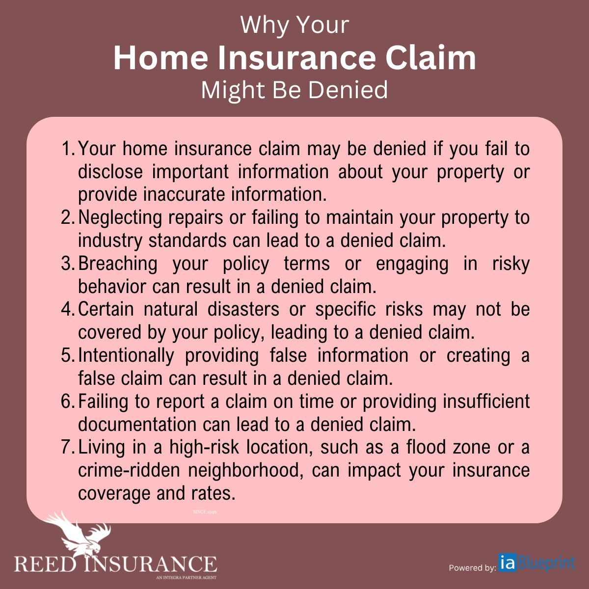 ReedInsurance's tweet photo. Are you wondering why your home insurance claim was denied? Here are some common reasons why your claim may be rejected. https://t.co/xmXVnDU7tv