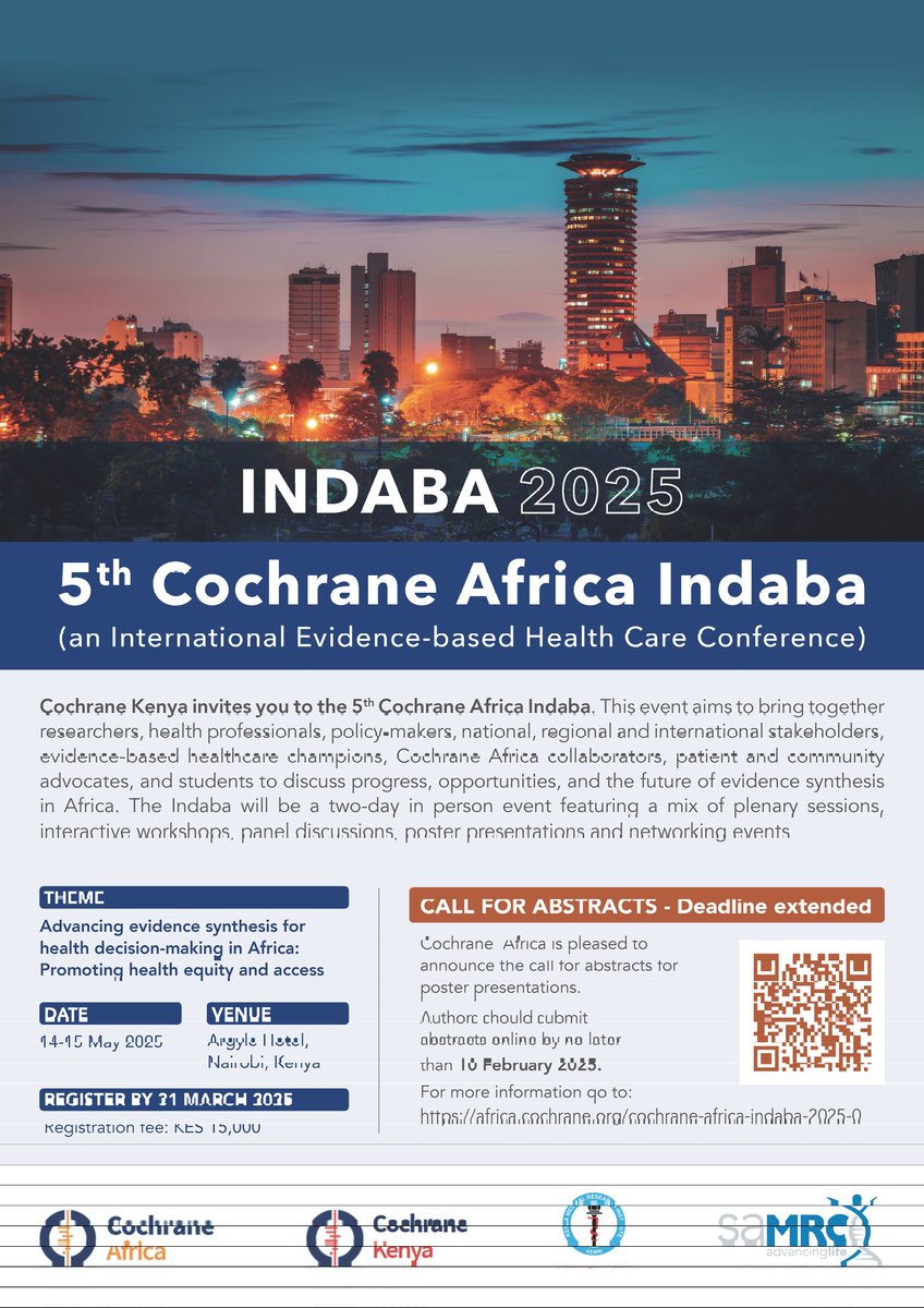 CochraneKenya's tweet image. 📌Exciting news!
New Abstract Submission Deadline: 10th February 2025
Registration Deadline: 31st March 2025.#indaba2025
Stay tuned for details about bursary opportunities visit africa.cochrane.org/cochrane-afric…
@KEMRI_Kenya
@MOH_Kenya
@MRCza
@SACochrane