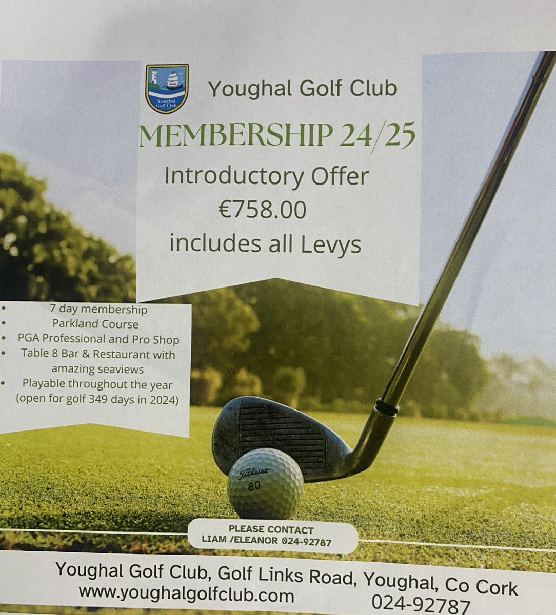 ⁦<a href="/youghalgolfclub/">Youghal Golf Club</a>⁩ Membership &amp; Society Green Fees Offers 2025 for details contact ⁦<a href="/liamburnspga/">Liam Burns Golf</a>⁩ 024/92590/92787.