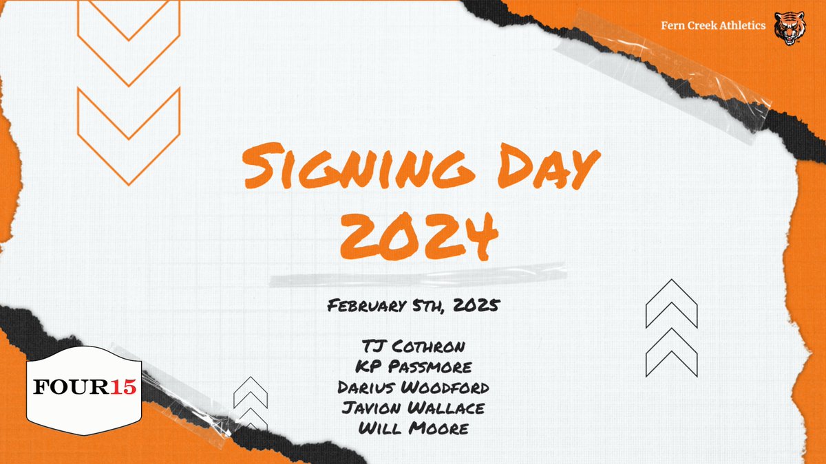 Fern Creek Football (@ferncreekfb) on Twitter photo Join us in the Arnold Library on February 5th for our final signing day for the class of 2025!
Food and refreshments provided by Four15 Graphics and Apparel!
<a href="/iamtjcothron/">Tracy (TJ) Cothron Jr.</a> <a href="/ijavionnnn/">Javion Wallace β</a> <a href="/kalebpassmore06/">Kaleb (KP) Passmore</a> <a href="/DariusWoodford/">King_dariusw43ππ</a> <a href="/iamwillmoore/">william moore</a> <a href="/fcthsathletics/">FCHS ATHLETICS</a> @four15ig Join us in the Arnold Library on February 5th for our final signing day for the class of 2025!
Food and refreshments provided by Four15 Graphics and Apparel!
<a href="/iamtjcothron/">Tracy (TJ) Cothron Jr.</a> <a href="/ijavionnnn/">Javion Wallace β</a> <a href="/kalebpassmore06/">Kaleb (KP) Passmore</a> <a href="/DariusWoodford/">King_dariusw43ππ</a> <a href="/iamwillmoore/">william moore</a> <a href="/fcthsathletics/">FCHS ATHLETICS</a> @four15ig