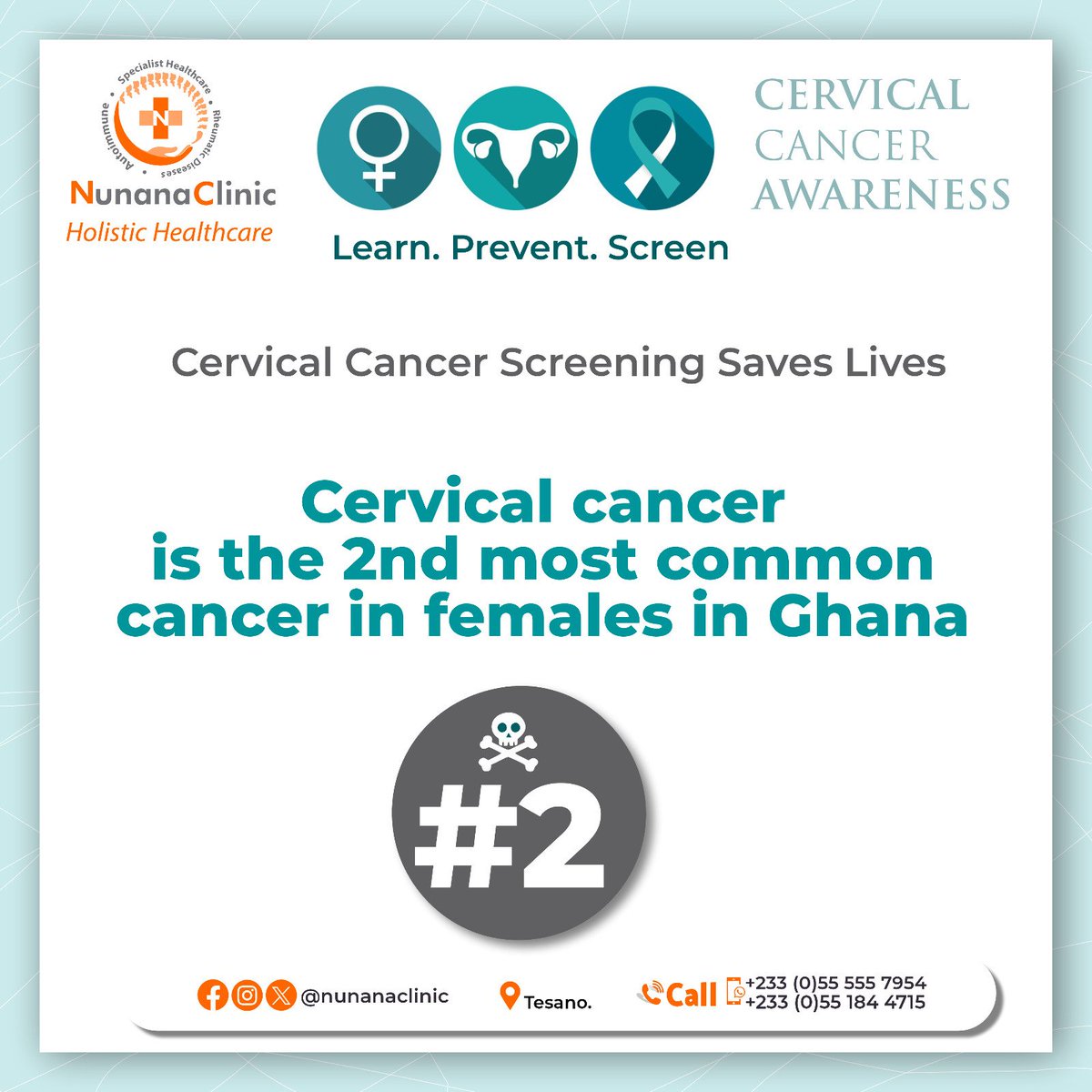 Nunana_Clinic's tweet photo. Here’s what you need to know about #Cervicalcancer
Many women don’t show symptoms until it’s advanced.
It’s preventable with regular #Papsmears & #HPV vaccination.
Let’s protect ourselves and our loved ones. When was your last screening? #NunanaClinic #cervicalcancerawareness https://t.co/KHiyDpXPk8