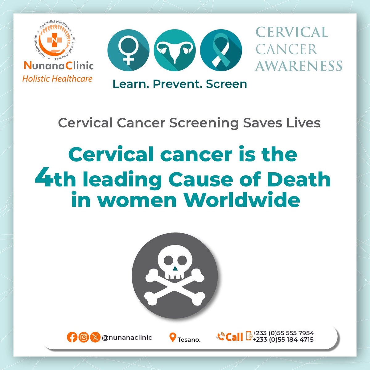 Nunana_Clinic's tweet photo. Here’s what you need to know about #Cervicalcancer
Many women don’t show symptoms until it’s advanced.
It’s preventable with regular #Papsmears & #HPV vaccination.
Let’s protect ourselves and our loved ones. When was your last screening? #NunanaClinic #cervicalcancerawareness https://t.co/KHiyDpXPk8