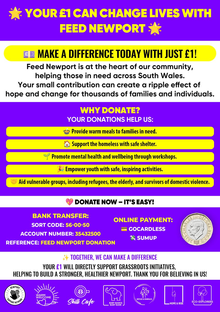 ✨ Every £1 counts! Help Newport Support Network transform lives in South Wales. 

Your donation provides meals, shelter, and support to those in need. ❤️

Donate now:

🔗 GoCardless: pay.gocardless.com/BRT0003N96MW6V5

🔗 SumUp: pay.sumup.com/b2c/Q9N0TN3L