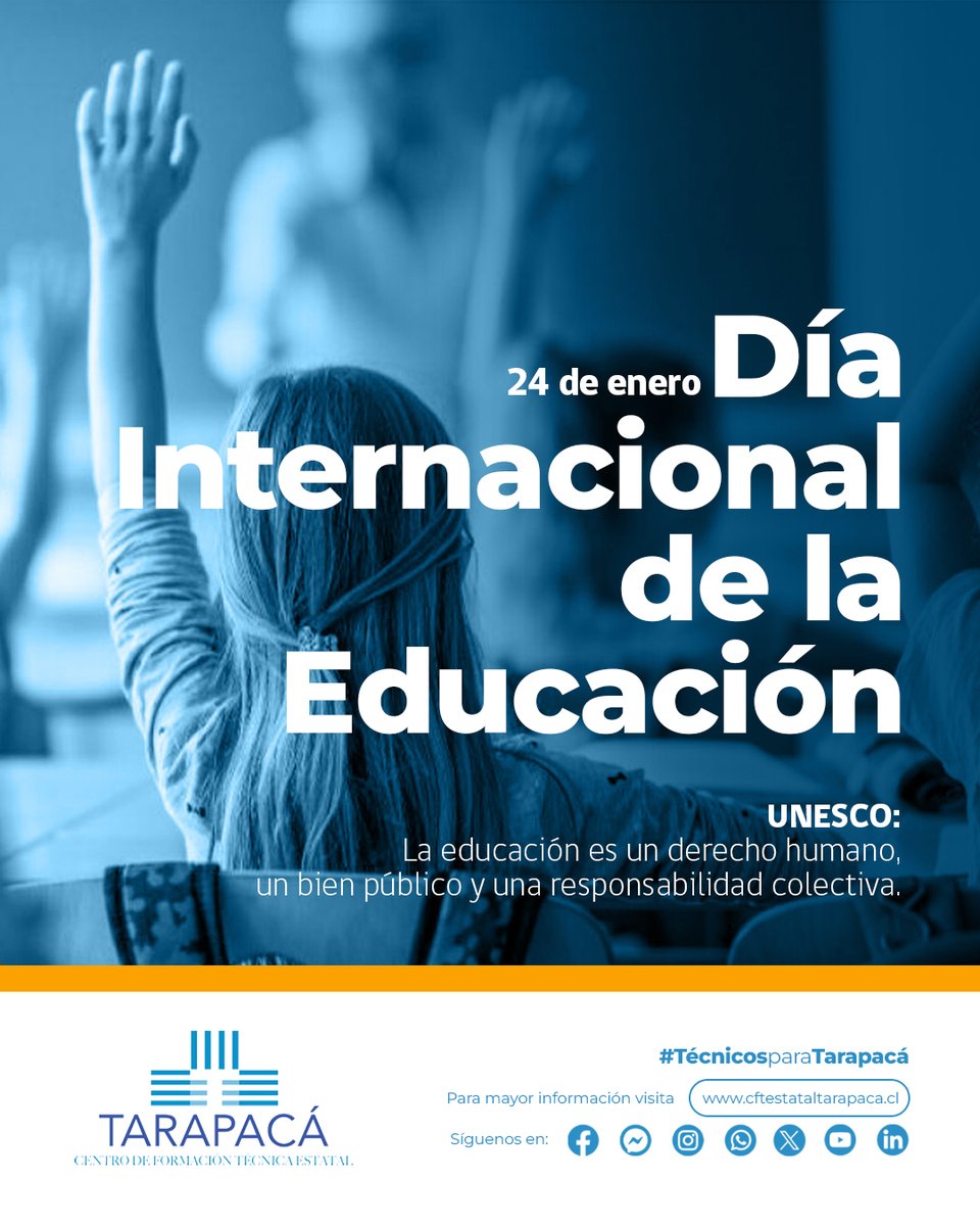 🎓✨ En el Día Internacional de la Educación, saludamos a los establecimientos, docentes, estudiantes y a todos quienes construyen educación en nuestra región. ¡Gracias por su compromiso con el aprendizaje y el futuro! 🌍📚 #CFTEstatalTarapacá #Educación <a href="/edu__iquique/">Servicio Local de Educación Pública (SLEP) Iquique</a> <a href="/secreduc01/">SECREDUC TARAPACA</a>