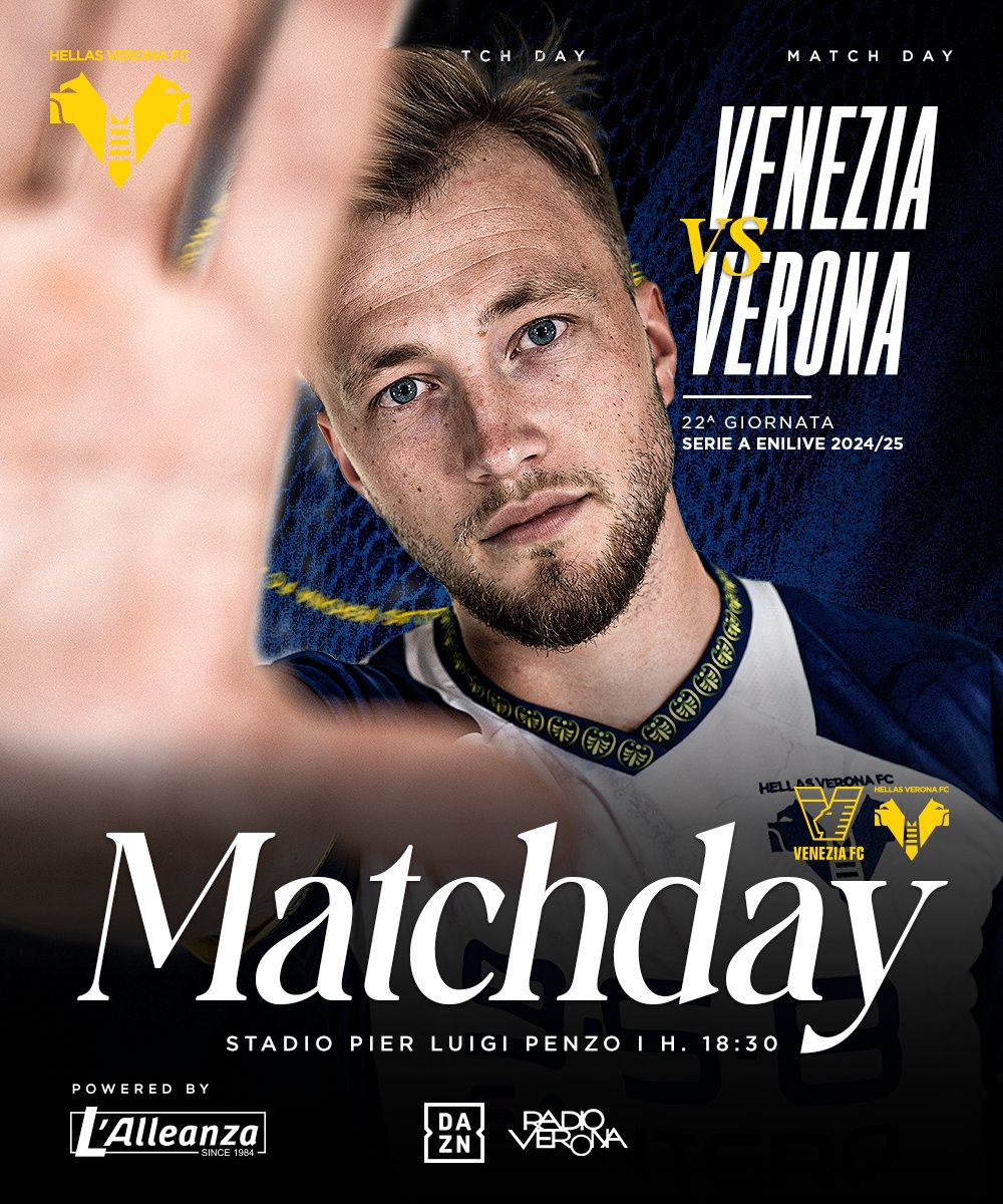 HellasVeronaFC's tweet photo. 𝐌𝐀𝐓𝐂𝐇 𝐃𝐀𝐘 🟡🔵

🆚 #VeneziaVerona
🕘 Ore 18.30
🏟️ #Penzo
📱https://t.co/v9o7rrRFiu
📺@DAZN_IT

Powered by #LAlleanza https://t.co/GhwNS13mZD