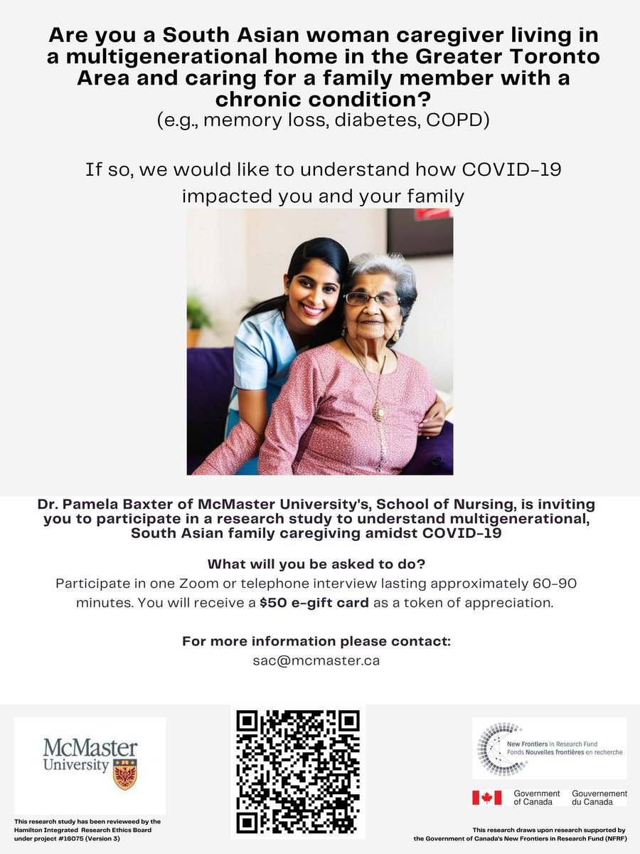 We are recruiting South Asian women care partner for research
· Co-residing in a multigenerational family
· Caring for an older adult (&gt; 65 years)
· Requires assistance with day-to-day functioning
· At least 15 years of age