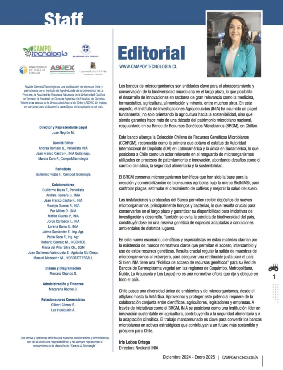 Los/as invitamos a revisar el especial de biotecnología de <a href="/cyt_revista/">Campoytecnologia.cl</a> con los avances y novedades del Banco Microbiano de #INIAChile 🌱y editorial de nuestra directora nacional, Iris Lobos.