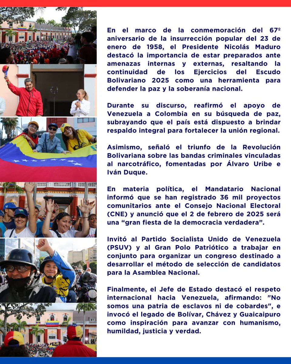 En el marco de la conmemoración del 67º aniversario de la insurrección popular del 23 de enero de 1958, el Presidente Nicolás Maduro destacó la importancia de estar preparados ante amenazas internas y externas, resaltando la continuidad de los Ejercicios del Escudo Bolivariano