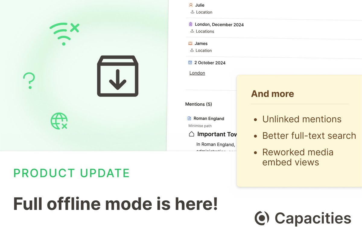 2025 has started, and we're excited to bring you a new-year full of exciting updates to Capacities, starting with offline support for Capacities! 🚀

Capacities is offline-first now. 

After you login, Capacities will automatically download all your notes to your device. All