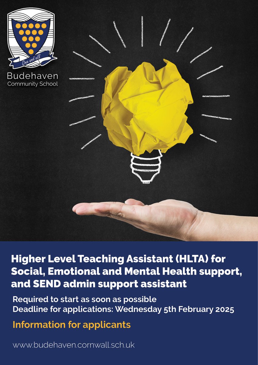 Great job opportunity at Budehaven School.
We are looking for a Higher Level Teaching Assistant (HLTA) for Social, Emotional and Mental Health support, and SEND admin support assistant.
budehaven.cornwall.sch.uk/vacancies #edujobs #jobsinbude #jobs