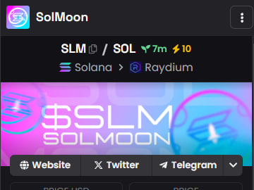 SolMoonOfficial's tweet photo. $SLM Dexscreener Updated! 🚀

$SLM is now live and updated on DEXscreener! Chat is unmuted now, and the real marketing push starts now, LFG! https://t.co/stuoU72vWp