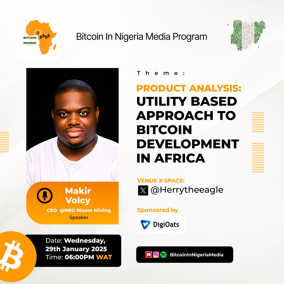 January 2025 edition of Bitcoin in Nigeria 🇳🇬 Media Program. We will be hosting ( Makir Volcy ) <a href="/VolcyM/">Makir ⚡️</a> , the CEO of <a href="/NRGBloom/">NRG ₿loom ⚡️🌱</a> Mining. A member of <a href="/GAMA_alliance/">GAMA - Green Africa Mining Alliance</a> . He will be sharing insights on “Utility Based Approach to Bitcoin Development in Africa” with us from a #Bitcoin