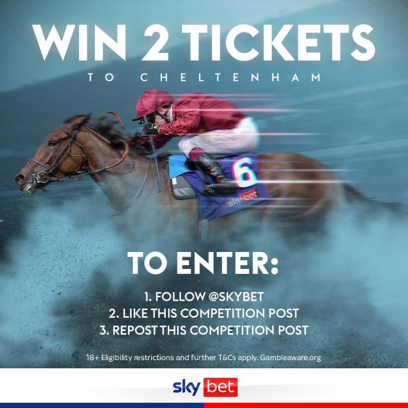 SkyBet's tweet photo. 6 weeks until the Cheltenham Festival 🏇

To celebrate, we are giving away a pair of Club Enclosure tickets to day two of the festival 🎟️

To enter:

◾️Follow @SkyBet
◾️Like this post
◾️Repost this post

The winner will be announced after 1:30pm on Friday 📢

Tap below for T&amp;Cs📎