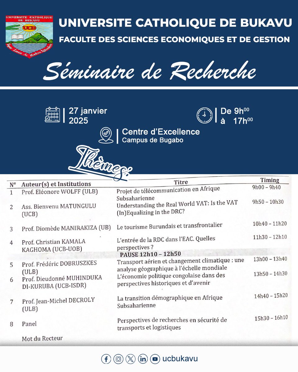 ucbukavu's tweet image. Séminaire de recherche de la Faculté de Sciences Economiques et de Gestion de l’Université Catholique de Bukavu.

📅 Lundi 27 janvier 2025
🕐 De 09h00 à 17h00
📍 Campus de Bugabo

A la quête de l&apos;excellence, au service de la communauté!