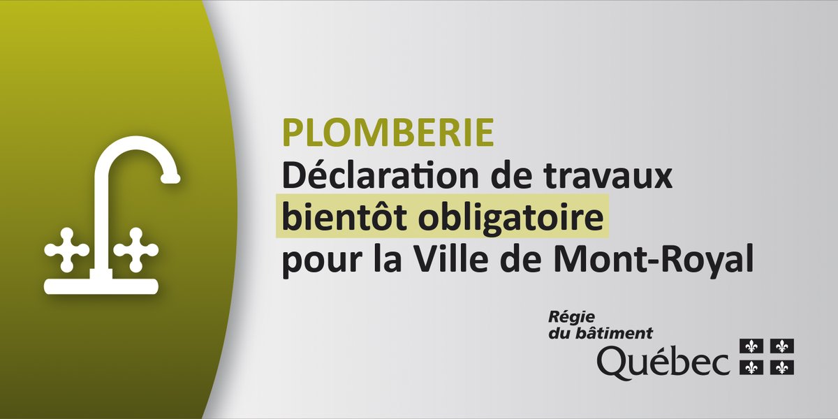 Plomberie – Rappel : à partir du 1er février, les entrepreneurs en plomberie et les constructeurs-propriétaires auront l’obligation de déclarer à la RBQ tous les travaux en plomberie admissibles effectués sur le territoire de la Ville de Mont-Royal : ow.ly/ORny50UrXAh