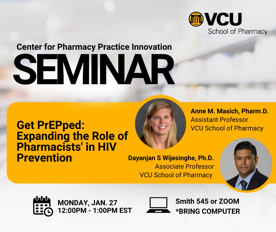 Center for Pharmacy Practice Innovation (@vcupharmacycppi) on Twitter photo Join us for the 1st #CPPISeminar of the year on Jan. 27 at 12 PM EST! Featuring Drs. Anne Masich & <a href="/lipidomics_us/">Dayanjan Wijesinghe</a> from <a href="/VCUPharmacy/">VCU School of Pharmacy</a>, this interactive session includes an AI-driven PrEP counseling exercise & free CE credits. Register now⬇️
bit.ly/CPPISeminar Join us for the 1st #CPPISeminar of the year on Jan. 27 at 12 PM EST! Featuring Drs. Anne Masich & <a href="/lipidomics_us/">Dayanjan Wijesinghe</a> from <a href="/VCUPharmacy/">VCU School of Pharmacy</a>, this interactive session includes an AI-driven PrEP counseling exercise & free CE credits. Register now⬇️
bit.ly/CPPISeminar