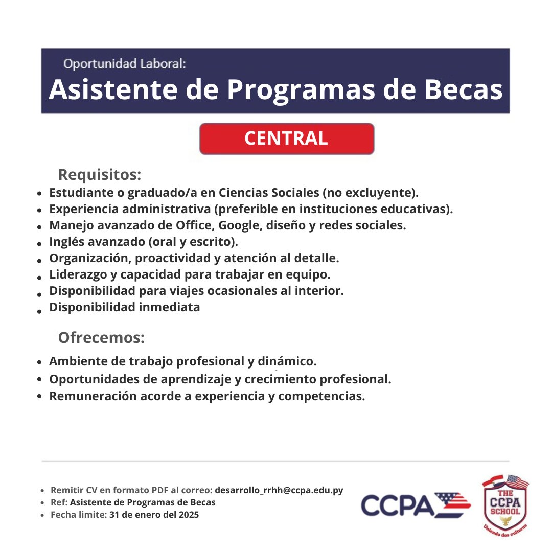 NUEVA OPORTUNIDAD

EL CCPA sigue creciendo y queremos que seas parte de nuestro TEAM 👍