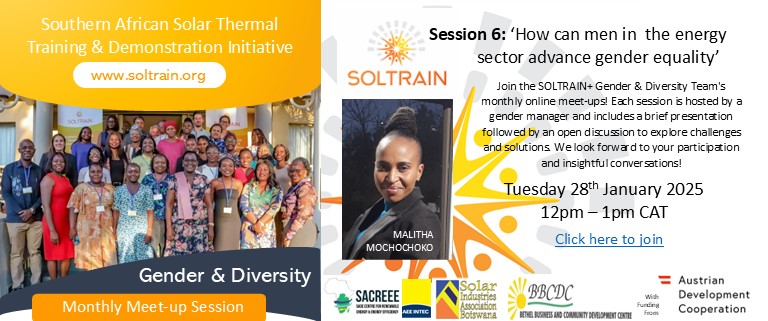 🌟 Join us for an engaging conversation on advancing gender equality in the energy sector! 🌟

Date: 28 January 2025
Time: 12:00 - 13:00 PM (CAT)
👉 Click here to join: lnkd.in/dKYHxe3q
#GenderDiversity #RHC #SOLTRAIN