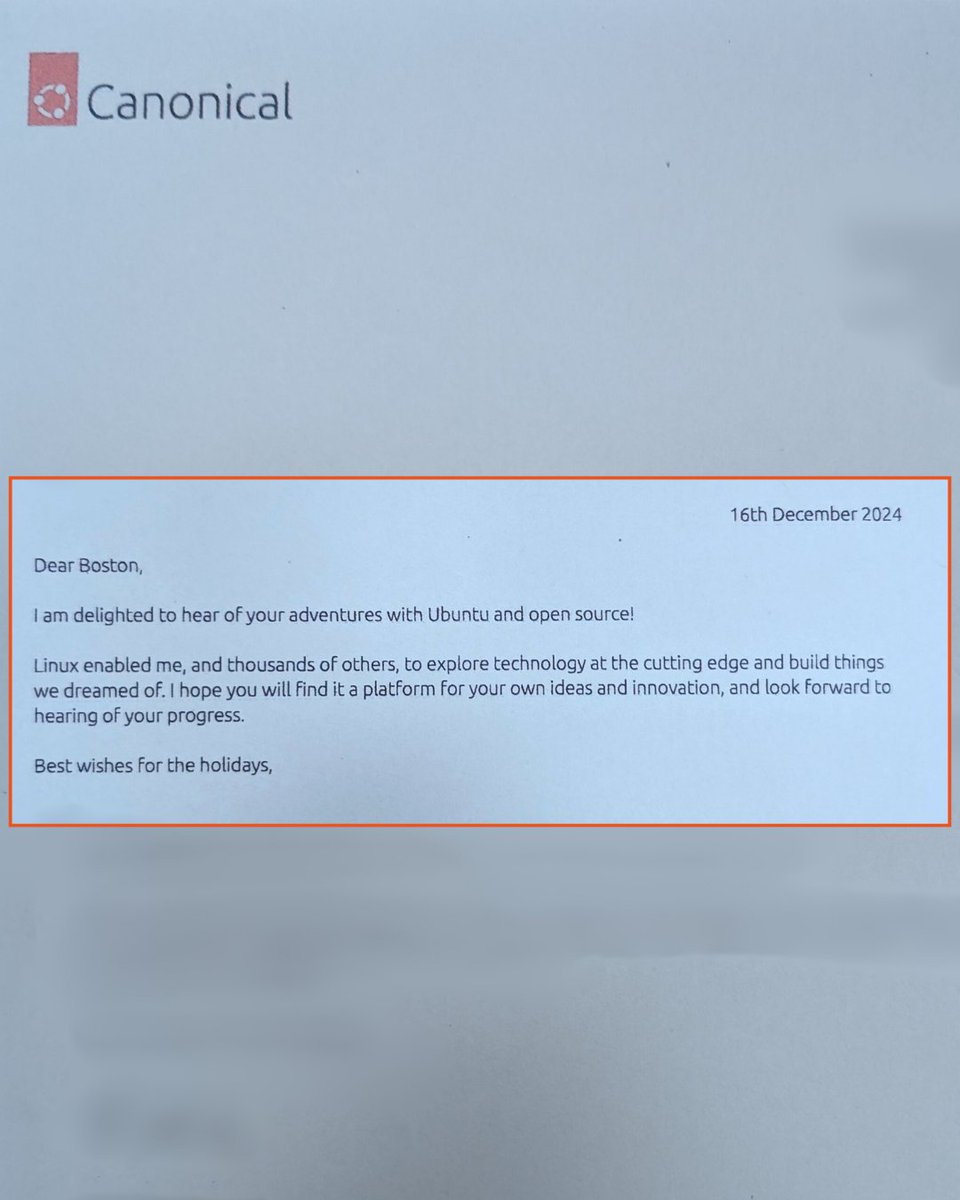 Last month, an 11-year-old Ubuntu fan named Boston, sent us this heartfelt letter, sharing how Ubuntu inspires him every day.

His words touched our entire team, and his hand-drawn Tux the Penguin stole our hearts 🐧🧡

Mark Shuttleworth, Canonical CEO and Founder, wrote back,