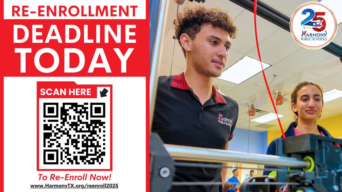 RE-ENROLLMENT DUE! Today is the deadline to re-enroll your student(s) for the 2025-26 school year!
After today, you will have to resubmit an application for your child and go through the regular lottery/enrollment process. So, get re-enrolled now!
harmonytx.org/reenroll2025