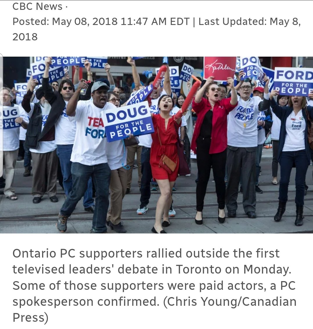 Freire1Pb's tweet photo. Dozens of noisy actors hired as PC supporters rallied in front of the Citytv studios ahead of the debate, waving signs and shouting support for the PC leader and PC candidate for Toronto Centre. https://t.co/KYWcBvYBQT