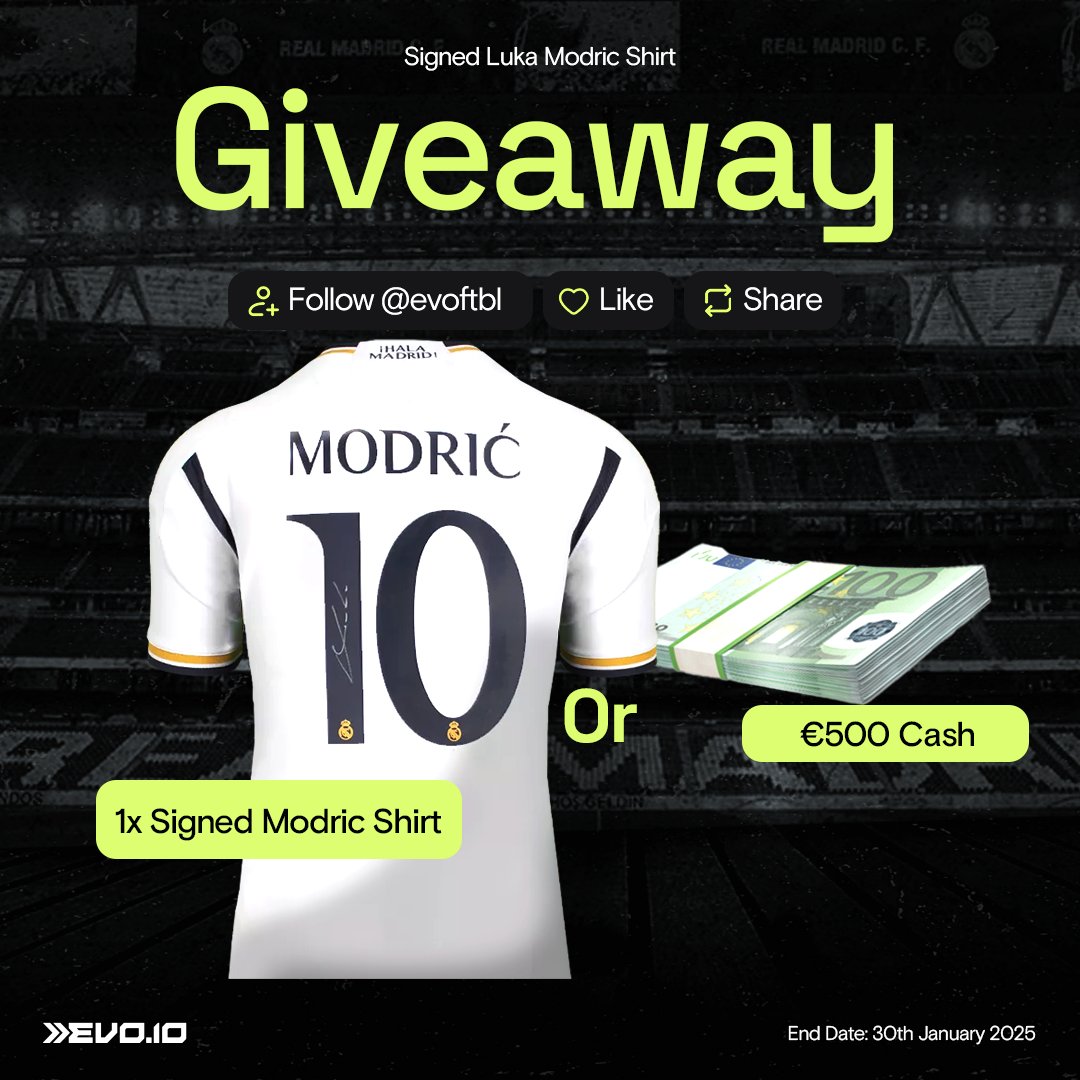 theMadridZone's tweet image. 🚨👕 GIVEAWAY — We have teamed up with @EvoFtbl to giveaway a signed Luka Modrić jersey. To enter: 

1. Follow @EvoFtbl 
2. RETWEET &amp;amp; LIKE this tweet. 

Winner announced in a week. ⏳