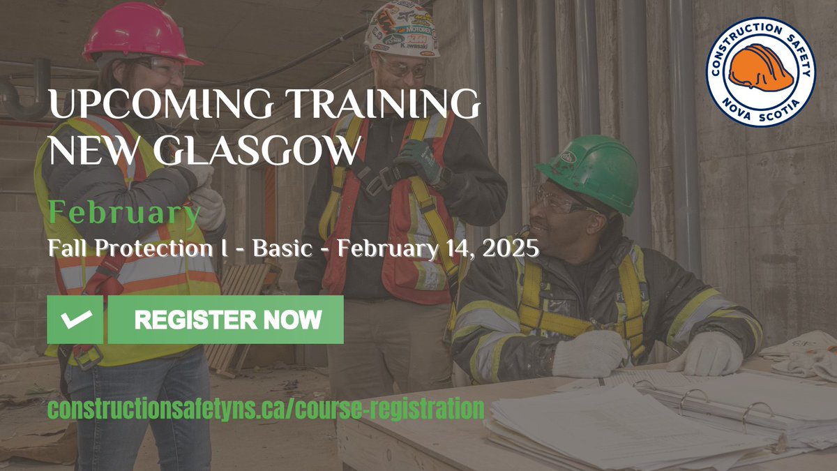 ⏰ Register today for upcoming training in #NewGlasgow:⠀
⠀
Fall Protection I - Basic ➡️ February 14, 2025

📍Pictou County Wellness Centre, 2756 Westville Road⠀
⠀
Enrol today at bit.ly/3RBJxje.⠀ 
⠀
#fallpro #safetytraining #CSNS #novascotia #construction