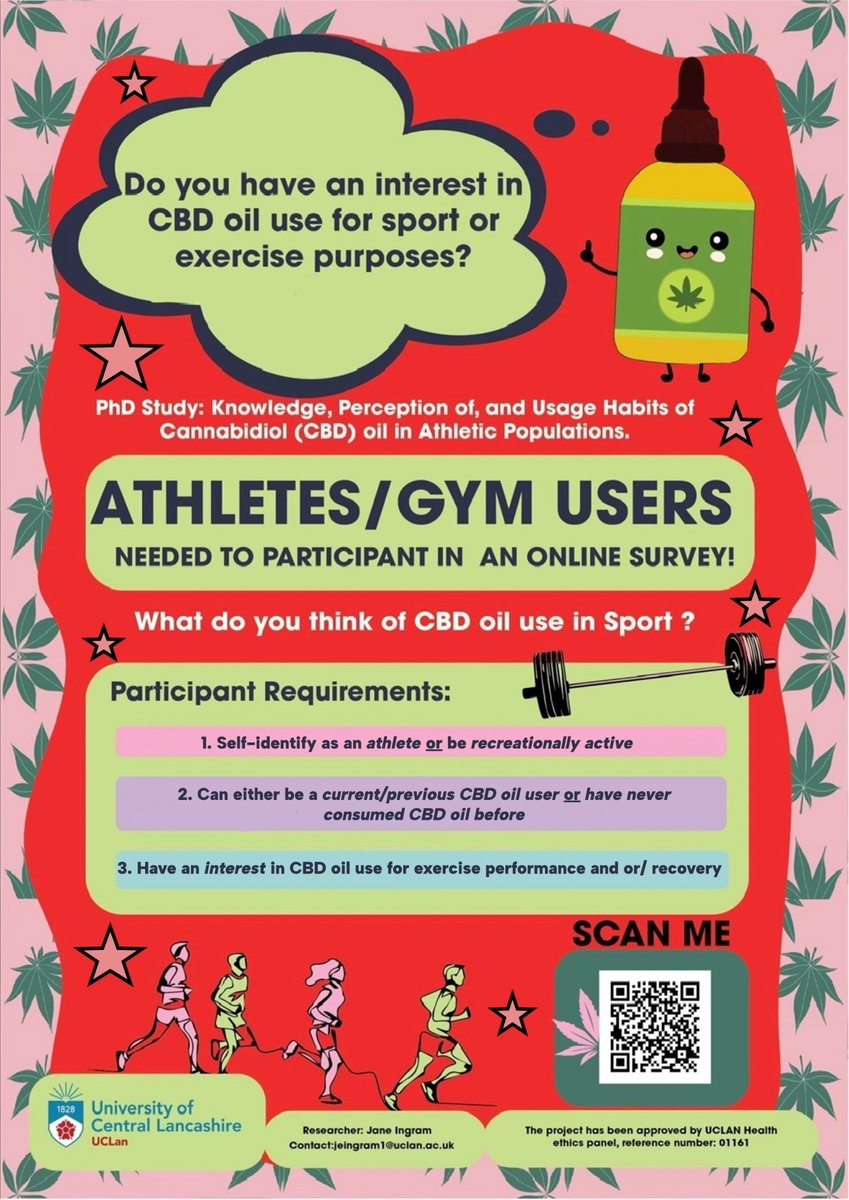 PARTICIPANTS NEEDED for survey into CBD oil use in sport and exercise. If you are +18 yrs and meet the criteria in the advert below, please spare 10 minutes to complete the survey at the link below. 

Please  share, thanks 🙏

uclan.eu.qualtrics.com/jfe/form/SV_af…