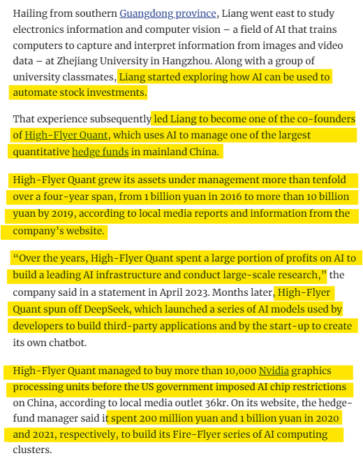 So wait wait wait , the founder of DeepSeek is basically the Jim Simons of China and was doing this LLM thing only as a side project and for $6M was able to dethrone every AI company in the world. 

We are so cooked LOL