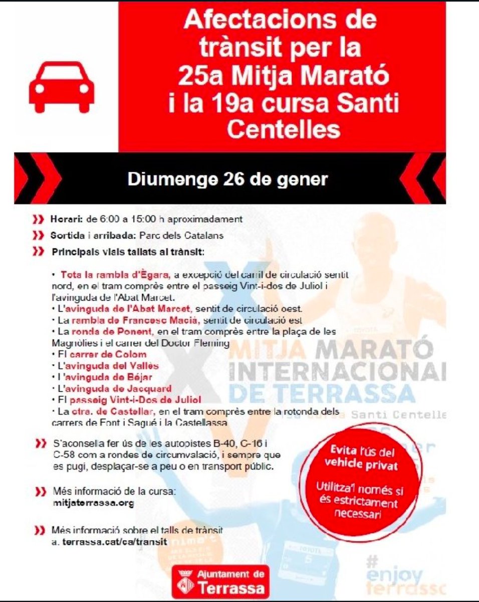 Areadejoctrs's tweet photo. 🧳 Ja estàs de cap de setmana?

 🏃‍♀️🏃‍♂️ Tingues en compte que aquest diumenge 26 de gener es celebra la 25a @MitjaTerrassa i la 19a Cursa Santi Centelles. 
👀 Afectacions de trànsit de 06 a 15 hores aproximadament.  #Terrassa #MitjaMarato #CursaSantiCentelles https://t.co/wKQNd2zVGp