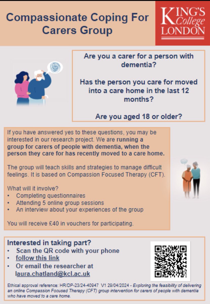 Are you a carer of a person with dementia or know someone who is? I am running a final online Compassion Focused Therapy group for carers whose loved one has moved into a care home in the last 12 months. Fill in this form and I’ll get in touch: qualtrics.kcl.ac.uk/jfe/form/SV_bj…