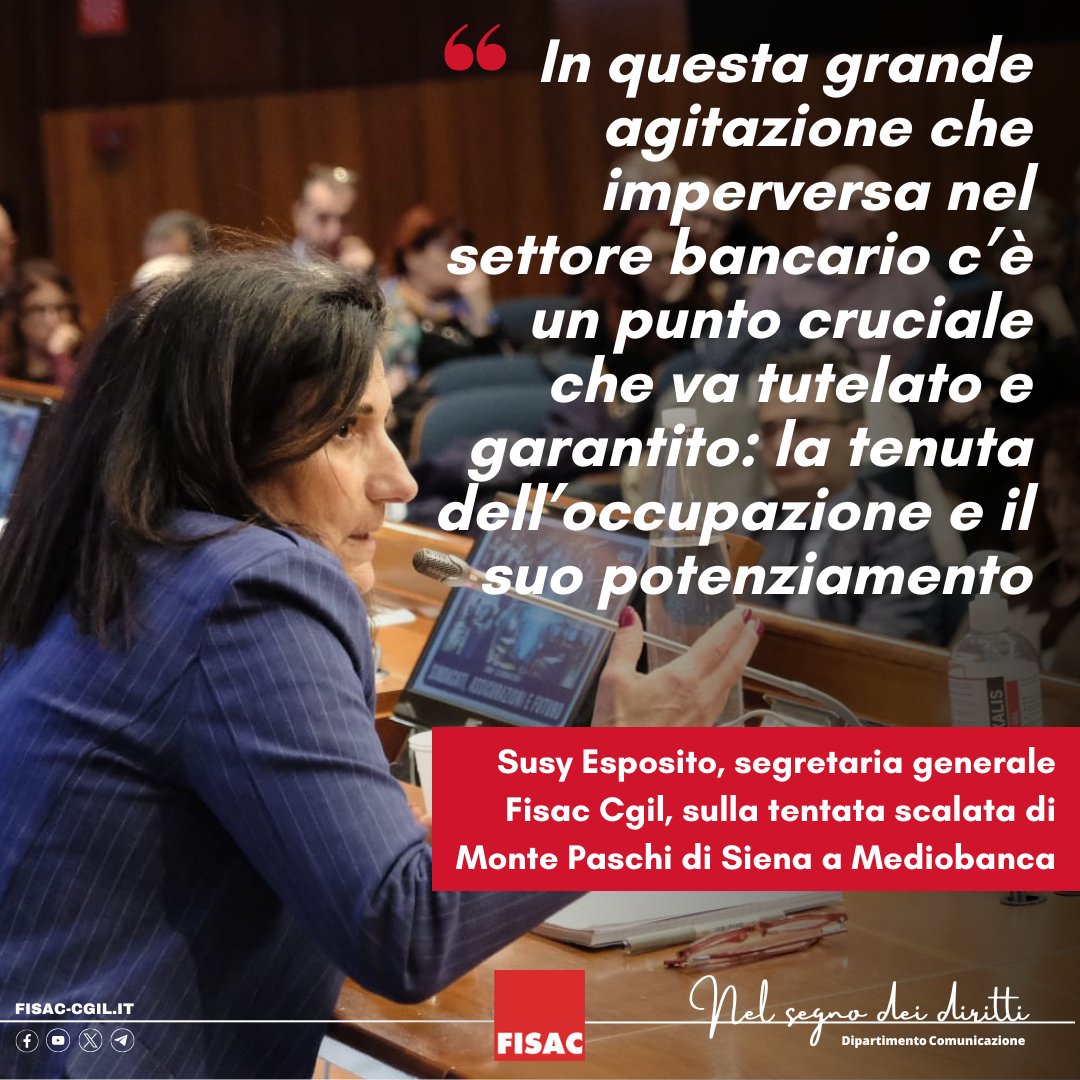 fisac_cgil's tweet photo. 🟥 Saremo dalla parte delle lavoratrici e dei lavoratori del sistema bancario, di Monte Paschi di Siena come di Mediobanca, avendo come solo riferimento il lavoro e la sua qualità e l’occupazione

📌 Susy Esposito ➡️ https://t.co/sERcFbQmhs

#NelSegnoDeiDiritti https://t.co/mZDf2Cay47