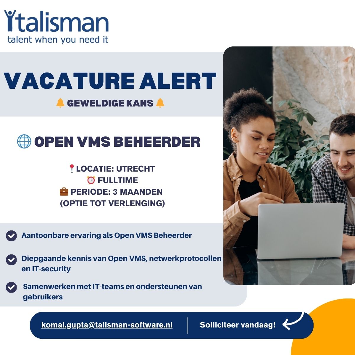 🚀 Vacature: Open VMS Beheerder (Utrecht) 🚀 
 
Utrecht | ⏳ 3 maanden (optie verlenging)
✅ Beheer &amp; optimaliseer VMS-systemen
✅ Security, upgrades &amp; monitoring

🌐 Solliciteer via talisman-software.nl/vacature/open-… 
#ITvacature #OpenVMS #VacatureUtrecht #ITbeheer