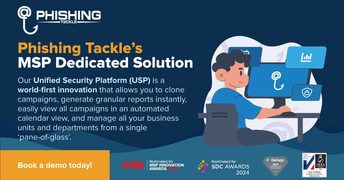 phishingtackle's tweet photo. Introducing Phishing Tackle's MSP Dedicated Solution!

Book a demo today and learn how our USP helps reduce your user-risk quickly, efficiently, and at an affordable price!

🔷 https://t.co/ffX9MeAn11 🔷

#PhishingTackle #CyberSecurity #DataBreach #SecurityAwarenessTraining #MSP https://t.co/9gRcf0zY66