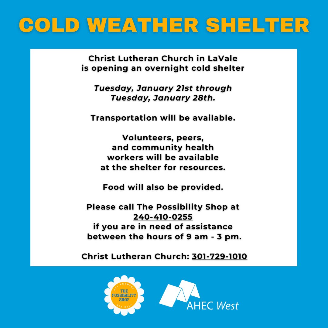 The cold-weather shelter is continuing until January 28th! Call 240-410-0255 for more information. Thank you to Christ Lutheran Church in LaVale for hosting and creating a safe space for unsheltered individuals during this time.