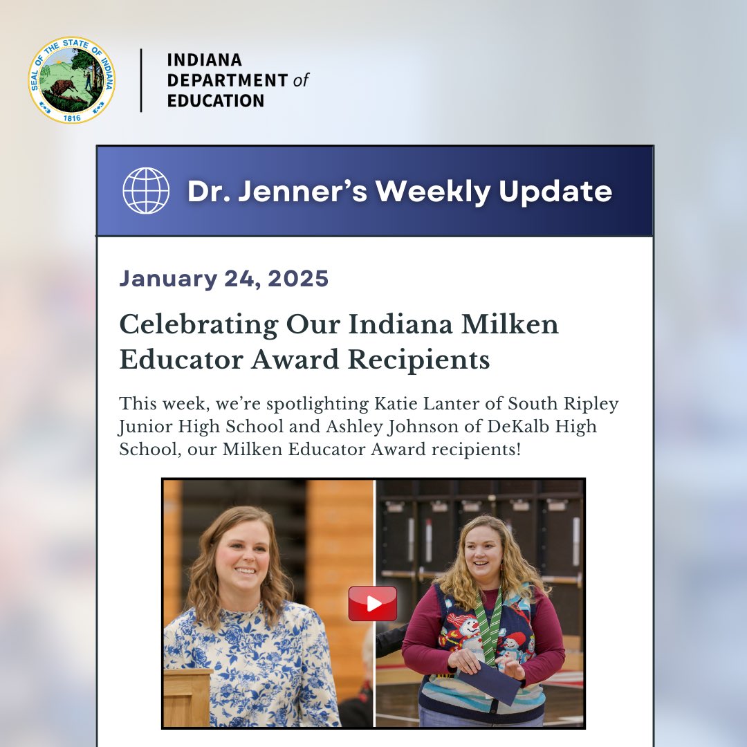 This week, we’re shining a spotlight on two incredible Hoosier teachers, Katie Lanter of South Ripley Junior High School, and Ashley Johnson of DeKalb High School, who received the prestigious Milken Educator Award. 🌟📚✏️Watch the video here: bit.ly/IDOEMilkenReci…