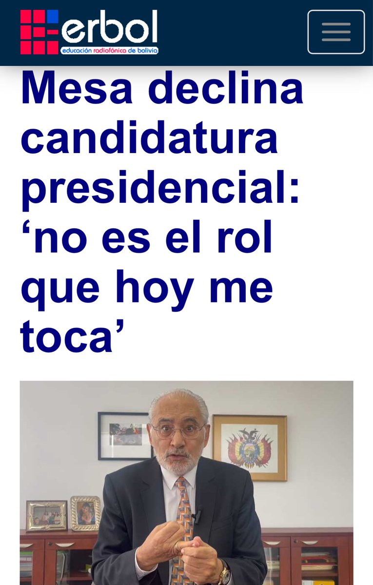 Mientras #EvoMorales se resiste a entender que su tiempo se terminó, el expresidente <a href="/carlosdmesag/">Carlos D. Mesa Gisbert</a> da una señal de sensatez política al anunciar que no será candidato presidencial. Mi reconocimiento a su labor que expresa la moderación en la forma de hacer política.