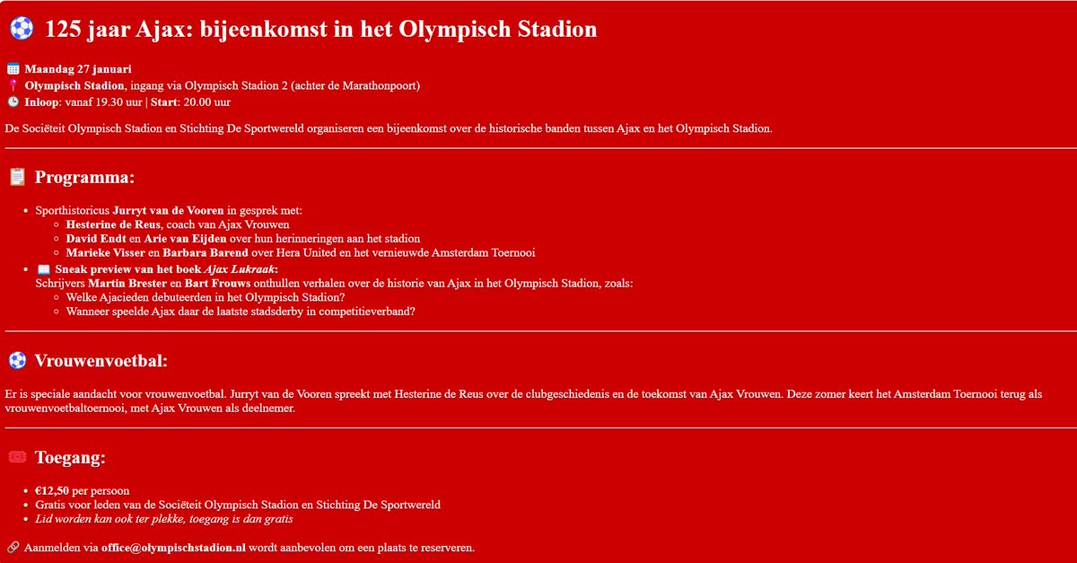 Komende maandag is er in het Olympisch Stadion een bijeenkomst over 125 jaar Ajax. Ik praat onder meer met Hesterine de Reus, de coach van de Ajax Vrouwen. Leeft dit jubileum ook onder de vrouwelijke Ajacieden? De andere gasten staan in de flyer.

Meer op tinyurl.com/5n7h9h44