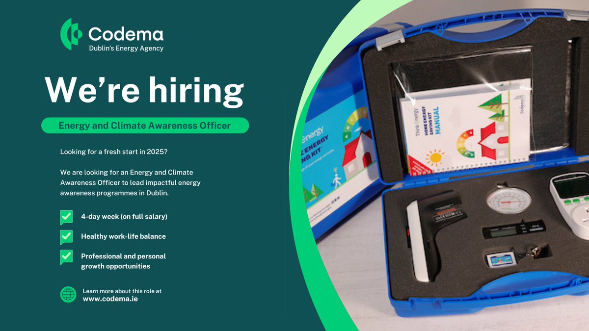 Codema (@codemadublin) on Twitter photo 🗓️There's just 1 week left to apply to be our new Energy & Climate Awareness Officer. 
🌎This is a great role delivering energy awareness programmes to drive #climateaction in #Dublin & leading our <a href="/EnergySavingKit/">HomeEnergySavingKit</a> scheme. 
🔗bit.ly/4hdT8di 
#jobfairy #hiring #greenjobs 🗓️There's just 1 week left to apply to be our new Energy & Climate Awareness Officer. 
🌎This is a great role delivering energy awareness programmes to drive #climateaction in #Dublin & leading our <a href="/EnergySavingKit/">HomeEnergySavingKit</a> scheme. 
🔗bit.ly/4hdT8di 
#jobfairy #hiring #greenjobs