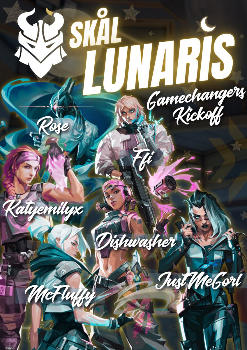 Introducing the Skål Lunaris Kickoff Roster...

🌙 @mcfluffynl 
🌙 @katyemilyx 
🌙 <a href="/_Ffion_R/">Ffi_Val</a>  
🌙  Cujo (IGL) 
🌙 <a href="/_rosevalo/">Rose</a> 
🌙 <a href="/JustMeGorl/">JustMeGorl</a>  
🌙 Ray (Super sub) 

🌙  <a href="/mllivlr/">milli</a> (Coach)

Catch us on twitch.tv/Skalesports from 17:00 GMT all weekend!