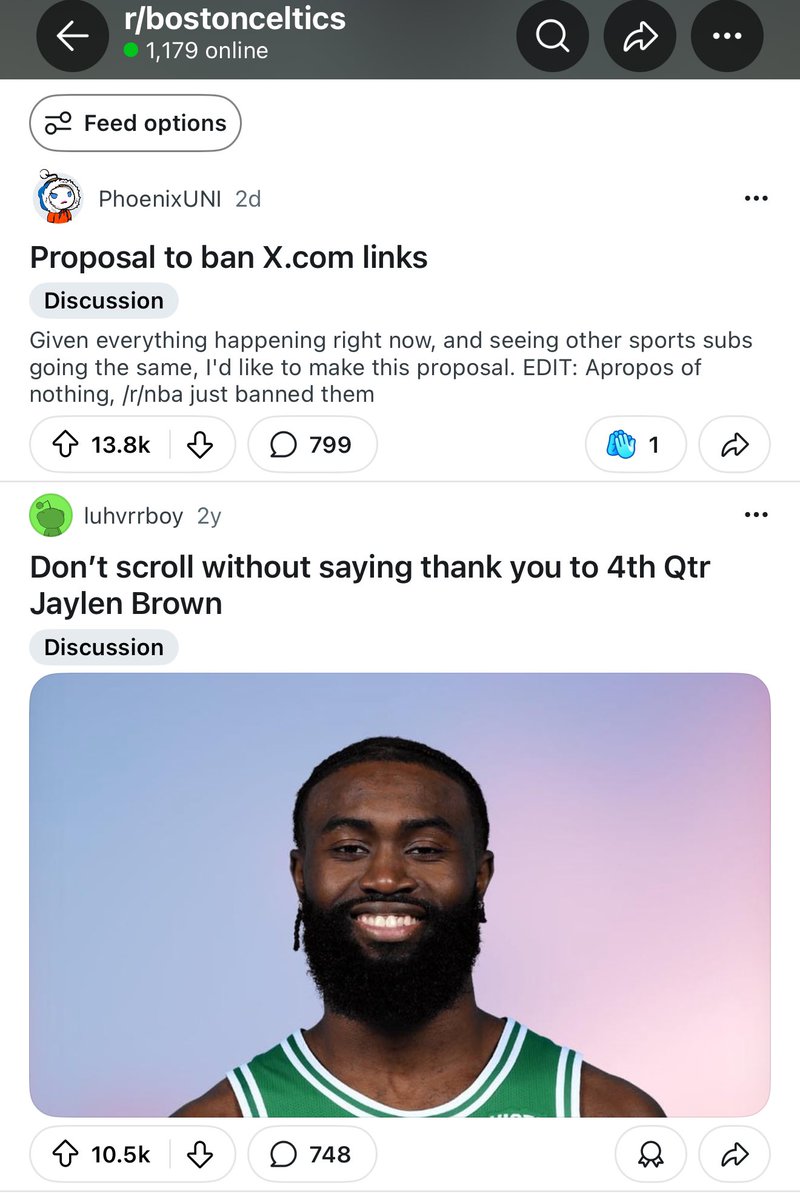 Reddit is gone? Explain why the #1 upvoted post of all time in NBA champions Boston Celtics subreddit is about banning X… same with the Liverpool soccer subreddit. See below, Championship threads have less upvotes.