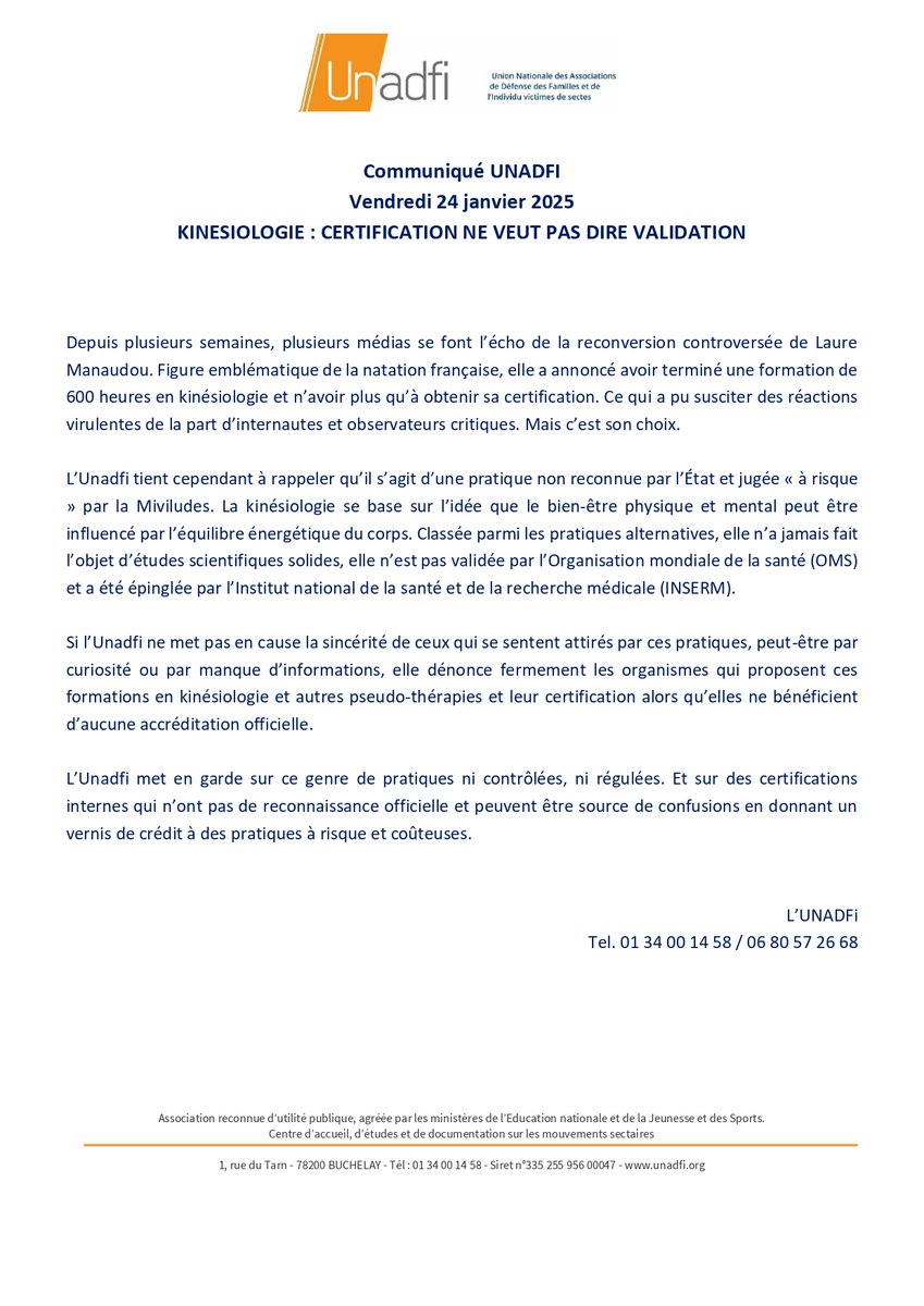 Communiqué Unadfi

Kinésiologie : certification ne veut pas dire validation