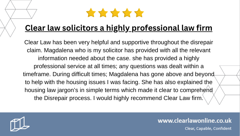 clearlawLLP's tweet photo. #Trustpilot #5StarReview #CustomerSatisfaction #housing #disrepair #tennant #council #excellent #lawfirm #solicitor #clientappreciation #wecanhelp #FridayFeeling #FridayMotivation https://t.co/MxmLxeix5d