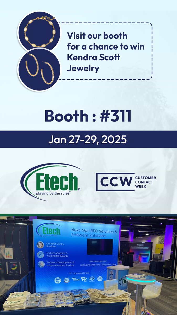 EtechGS's tweet image. Don’t miss Etech&apos;s workshop on actionable CX strategies and a chance to win Kendra Scott Jewelry!

🗓️ January 27–29, 2025 | JW Marriott, Disney, Orlando
Use code ETECH_CCW for 20% off on End User passes

#CCWOrlando #CXLeaders #CustomerExperienceSolutions