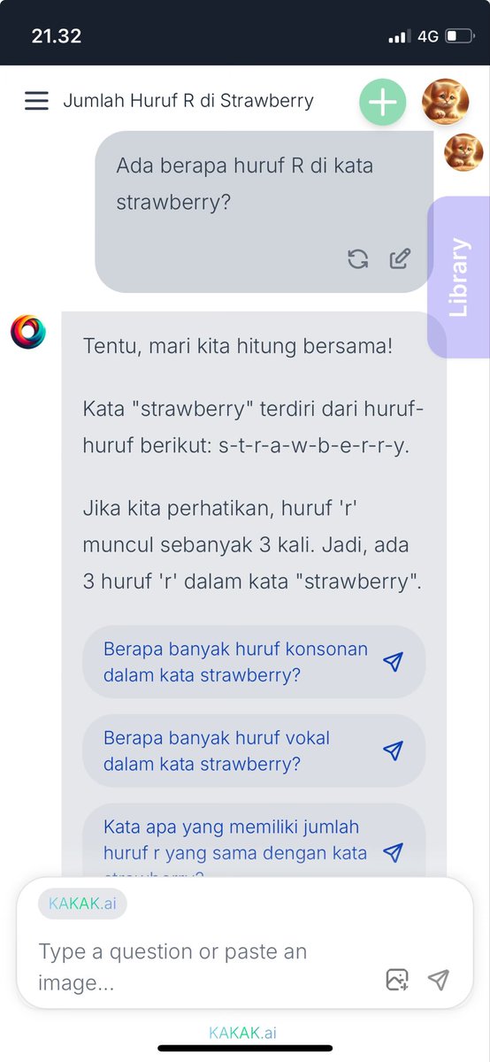 Kayanya salah satu cara buat nguji kepintaran AI adalah dengan nanya ‘ada berapa huruf R di kata strawberry’

Mari kita coba di kakak.ai: