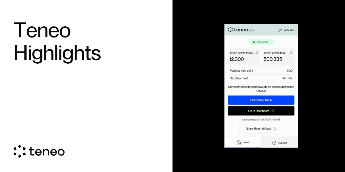 𝗧𝗲𝗻𝗲𝗼 𝗛𝗶𝗴𝗵𝗹𝗶𝗴𝗵𝘁𝘀 𝗬𝗼𝘂’𝗹𝗹 𝗟𝗼𝘃𝗲! ✨

At Teneo, every action counts, literally!
Here’s how we’re making your journey rewarding:

💬 𝗧𝗮𝘀𝗸𝘀: Your Discord and 𝕏 connections are paving the way for bigger wins. Make sure your wallet is synced, and watch the